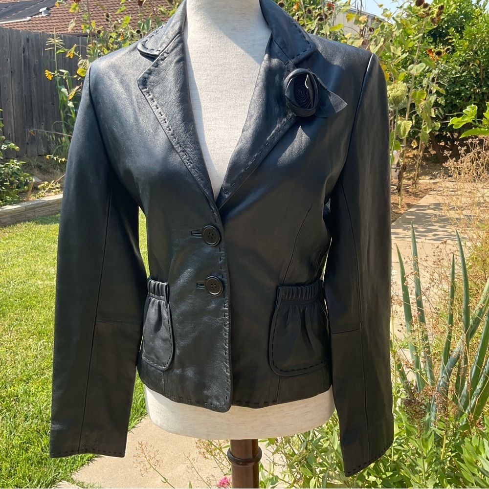 XOXO Black Leather Jacket Size Medium Removable Rose Appliqué Pockets Buttons